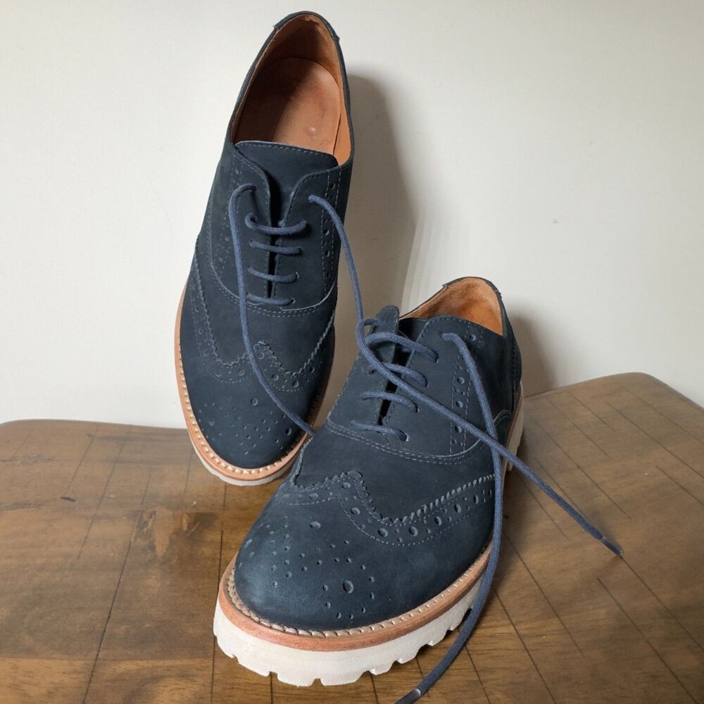 Wirth Nubuck Brogue Wingtip Oxford Shoes Navy Lug Sole Lace Up Women EU 38